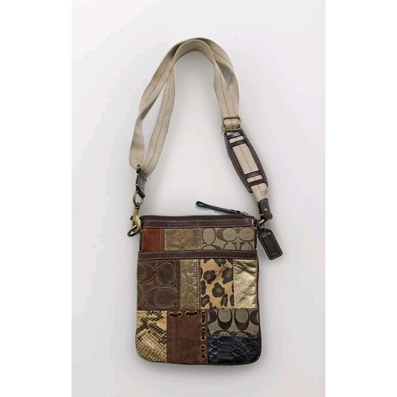 Coach Patchwork Animal Print Safari Adjustable Strap Zipper Crossbody Bag Tote - Picture 2 of 7